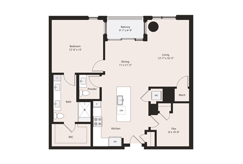 Floor plan for 1 bed, 1 bath, 1042 sqft